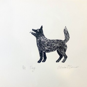 'DOG' wood engraving with carving block by Olivia O'Connor
Limited edition of 35. Hand carved wood engraving and printed using oil based ink onto quality French printing paper. 'Dog' wood engraving by Olivia O'Connor