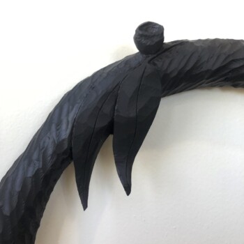 Detail. 'Flowers!' by Olivia O'Connor
Hand carved timber floral wreath wall hanging, painted matte black.
35cm x 39cm