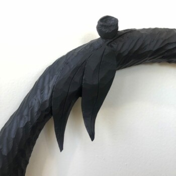 Detail. 'Flowers!' by Olivia O'Connor
Hand carved timber floral wreath wall hanging, painted matte black.
35cm x 39cm