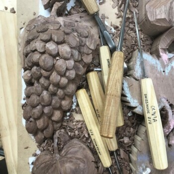 Olivia O'Connor work in progress grape woodcarving detail