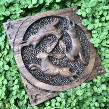 The Three Hares by Olivia O'Connor woodcarving handcarved