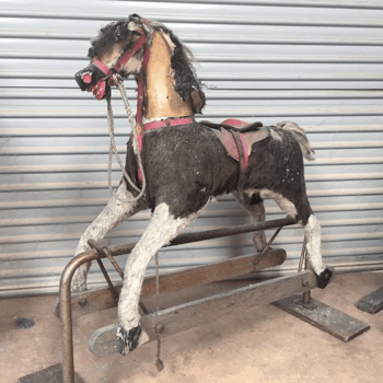 'Arctic' hide covered Hojack Rocking Horse before restoration. 'Arctic' hide covered Hojack Rocking Horse before restoration.